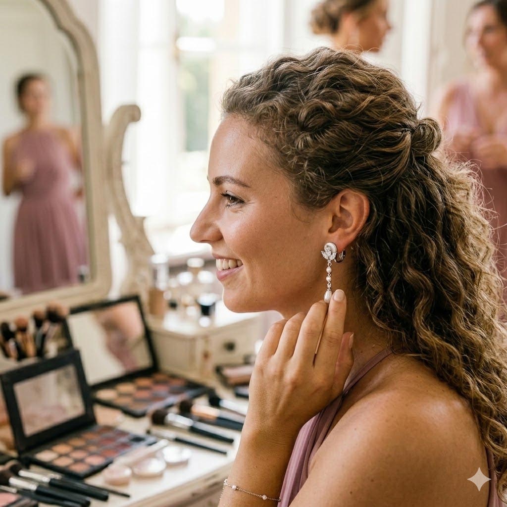 Junge deutsche Frau trägt elegante silberne Clip-on Ohrringe ohne Ohrlöcher bei einer Hochzeit in der Schminkkabine.