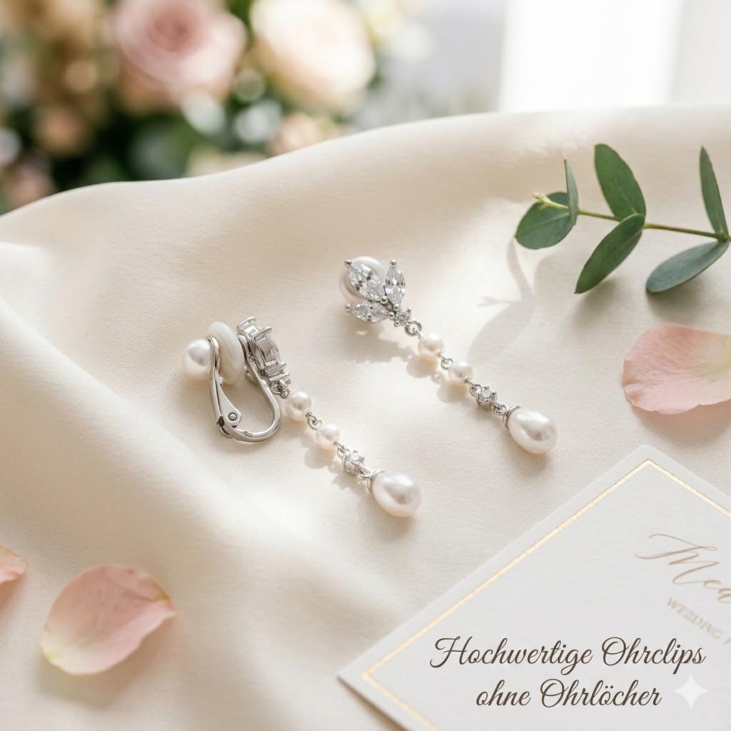 Hochwertige silberne Ohrclips mit Perlen und Kristallen für Brautjungfern ohne Ohrlöcher bei einer Hochzeit.