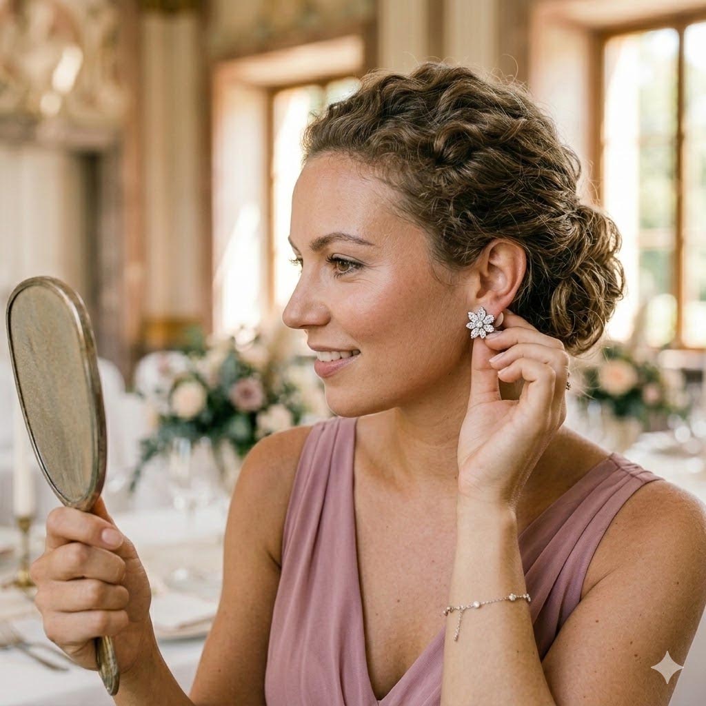 Junge deutsche Frau trägt filigrane silberne Clip-on Ohrringe in Blumenform ohne Ohrlöcher bei einer Hochzeit in der Trauungshalle.